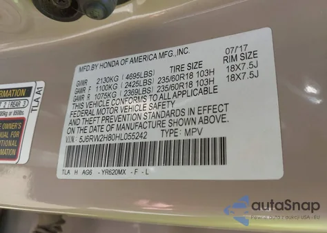 2017 Honda Cr-V Ex-L/Ex-L Navi из США, поврежденный, VIN 5J6RW2H80HL055242